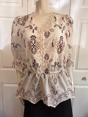 Cato Embroidered Peplum Top – Size Small – Ivory & Brown – Like New